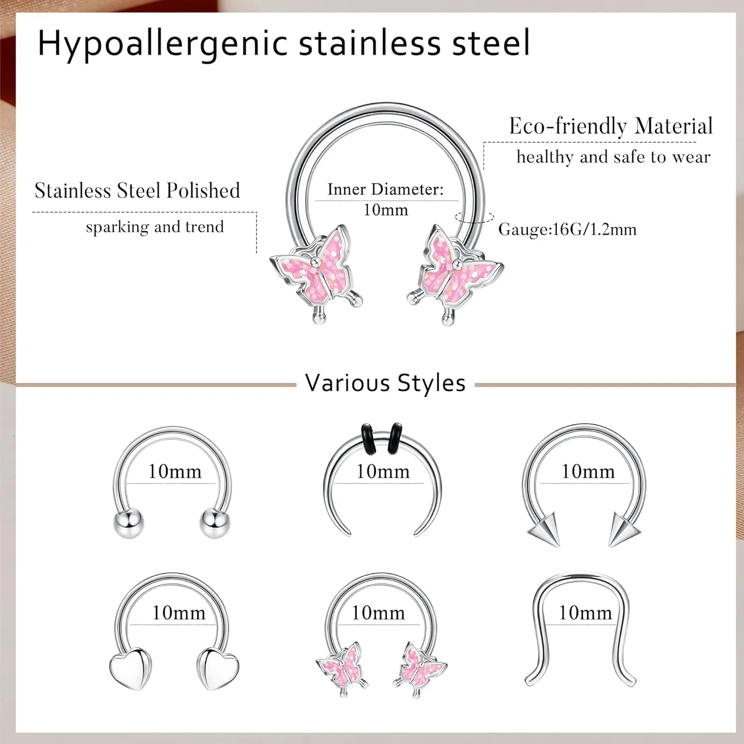 Florideco    Surgical Steel Small Septum Jewelry Septum Piercing Jewelry Cute Snake Butterfly Silver Septum Rings Hoop Nose Rings Daith Earrings 10MM