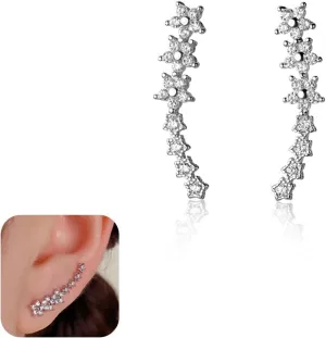 Flower Ear Climbers Earrings For Women, 925 Silver Needle Dainty Cz Star Shiny Stud Cuff Crawler Earrings For Bride Wedding Christmas Jewelry Gift