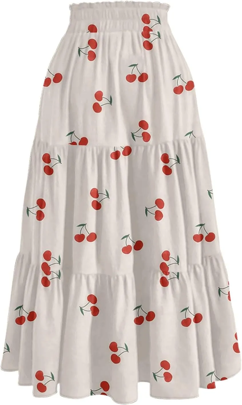 Flowy Floral Midi Skirts for Women Trendy Summer Casual High Waisted Plus Size Long Boho Beach Skirt with Pockets