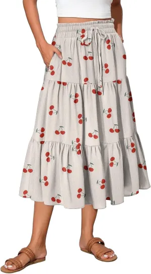 Flowy Floral Midi Skirts for Women Trendy Summer Casual High Waisted Plus Size Long Boho Beach Skirt with Pockets