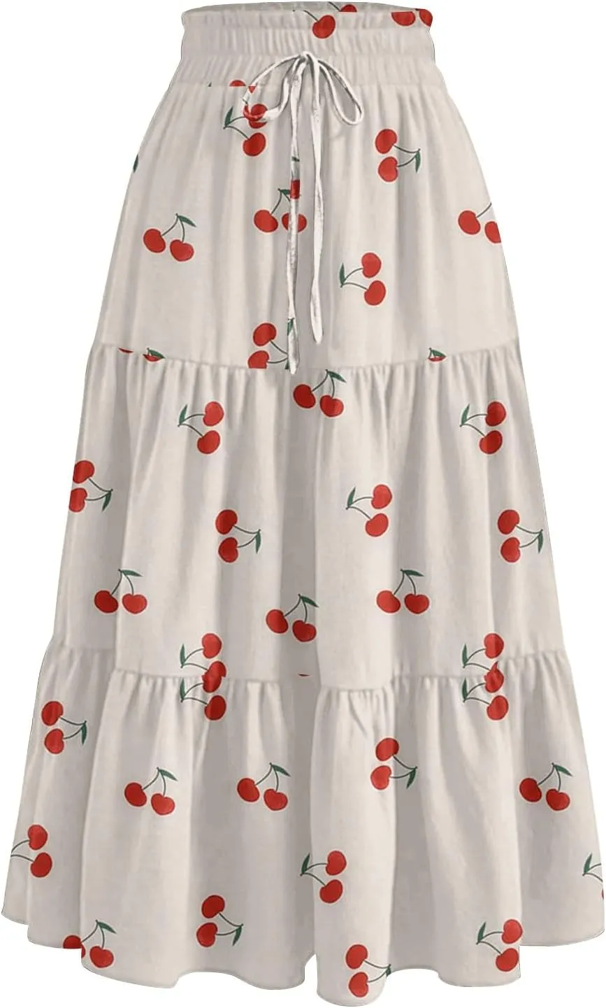 Flowy Floral Midi Skirts for Women Trendy Summer Casual High Waisted Plus Size Long Boho Beach Skirt with Pockets