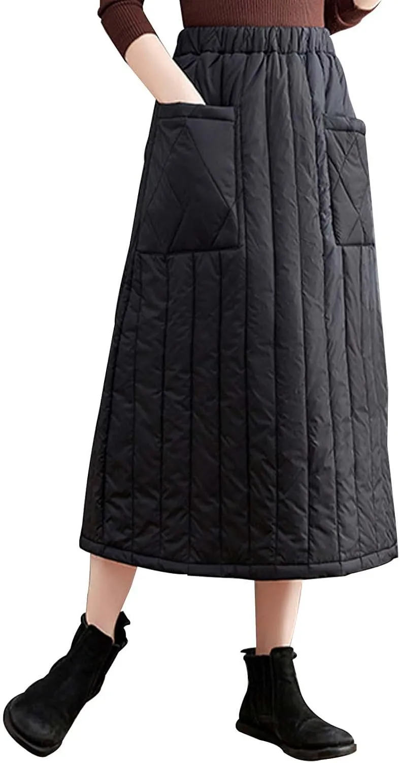 Flowy Skirt Women Women's Padded Midi Skirt with Side Zipper and Flared Hemline for Warmth and Style in Winter