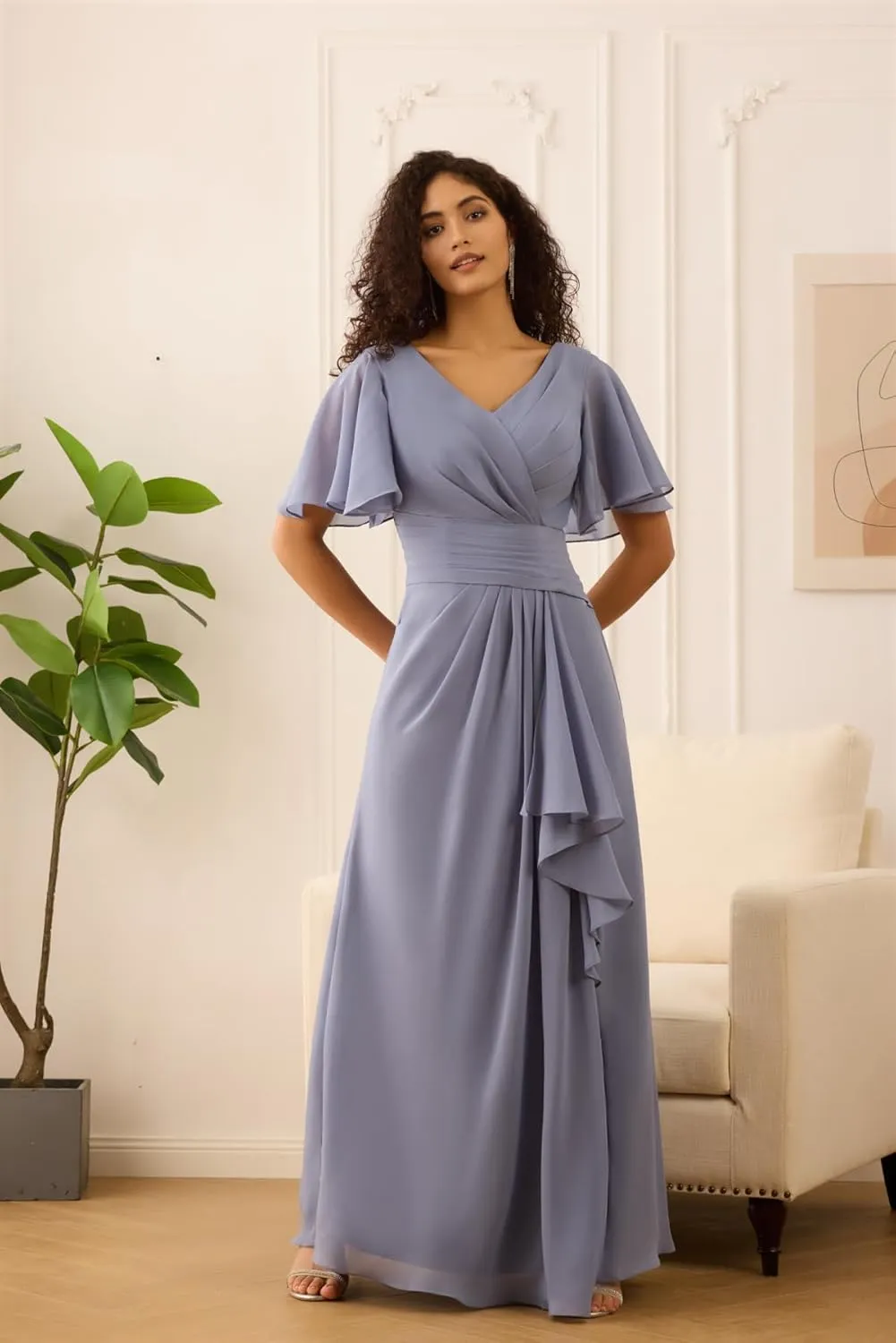 Flutter Sleeve Bridesmaid Dress V Neck Chiffon Formal Gown Long Pleated Evening Dress with Slit ZD198