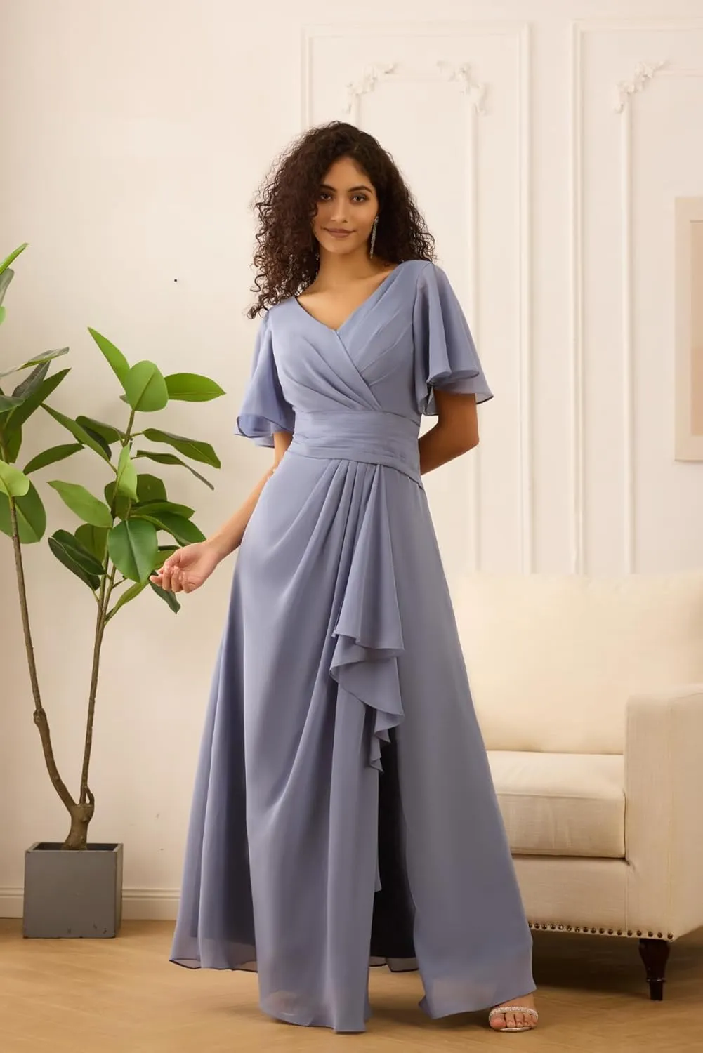 Flutter Sleeve Bridesmaid Dress V Neck Chiffon Formal Gown Long Pleated Evening Dress with Slit ZD198