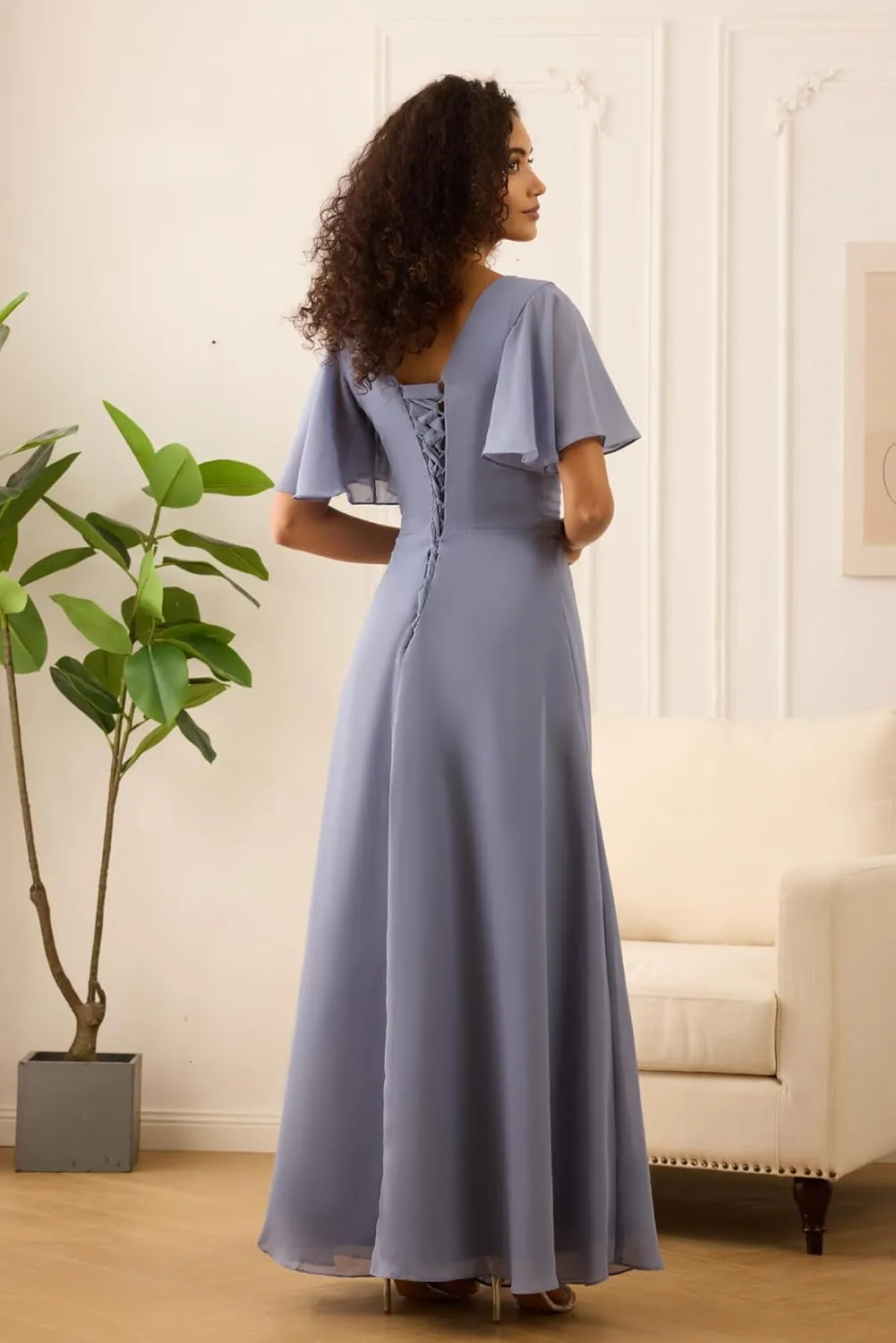 Flutter Sleeve Bridesmaid Dress V Neck Chiffon Formal Gown Long Pleated Evening Dress with Slit ZD198