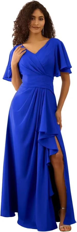 Flutter Sleeve Bridesmaid Dress V Neck Chiffon Formal Gown Long Pleated Evening Dress with Slit ZD198