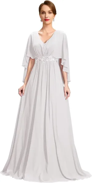 Flutter Sleeve Chiffon Mother of The Bride Dresses Long Lace Beaded Formal Dresses for Women
