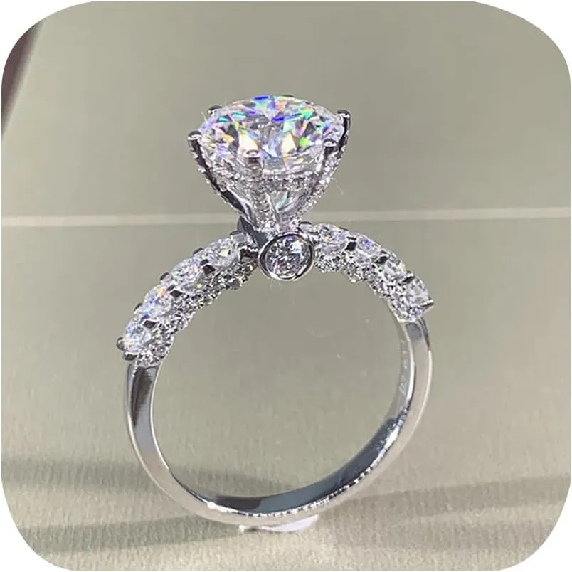 FLYYQMIAO Elegant 3ct Round Cushion Cut Solitaire Halo Simulated Diamond Wedding Engagement 925 Sterling Silver Anniversary Eternal Infinite Ring Moissanite Diamond Promise Rings for Women 9#
