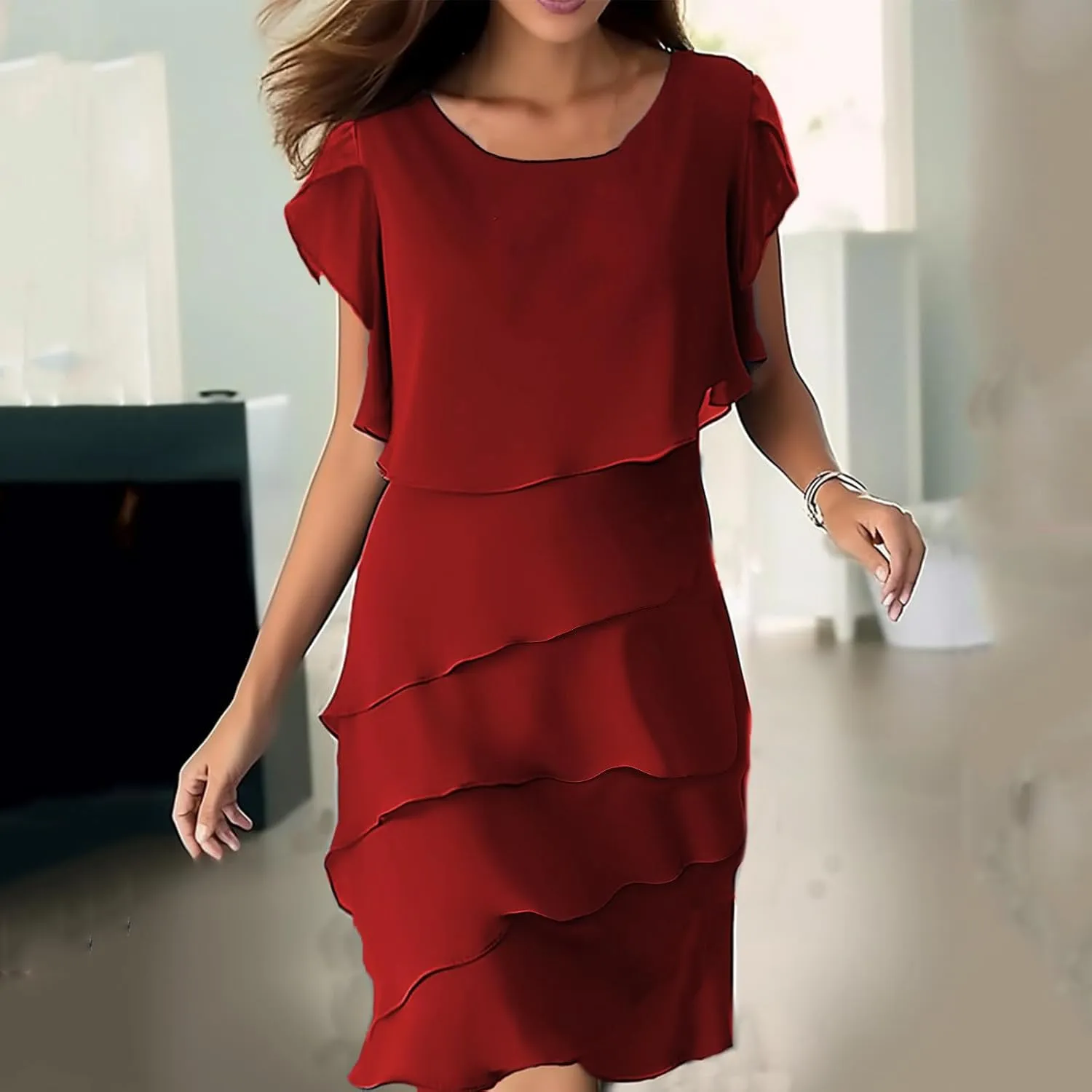 Formal Dresses for Women Chiffon Casual Summer Midi Dress Fashion Tiered Layered Party Dress Plus Size Women Dresses