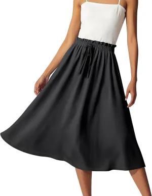 Formal Skirts for Women Summer Drawstring Elastic High Waisted Midi Skirt Boho A Line Pleated Calf Length Skirt