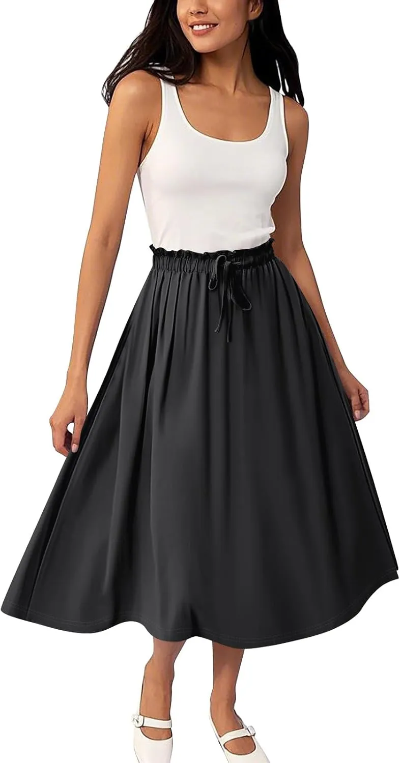 Formal Skirts for Women Summer Drawstring Elastic High Waisted Midi Skirt Boho A Line Pleated Calf Length Skirt