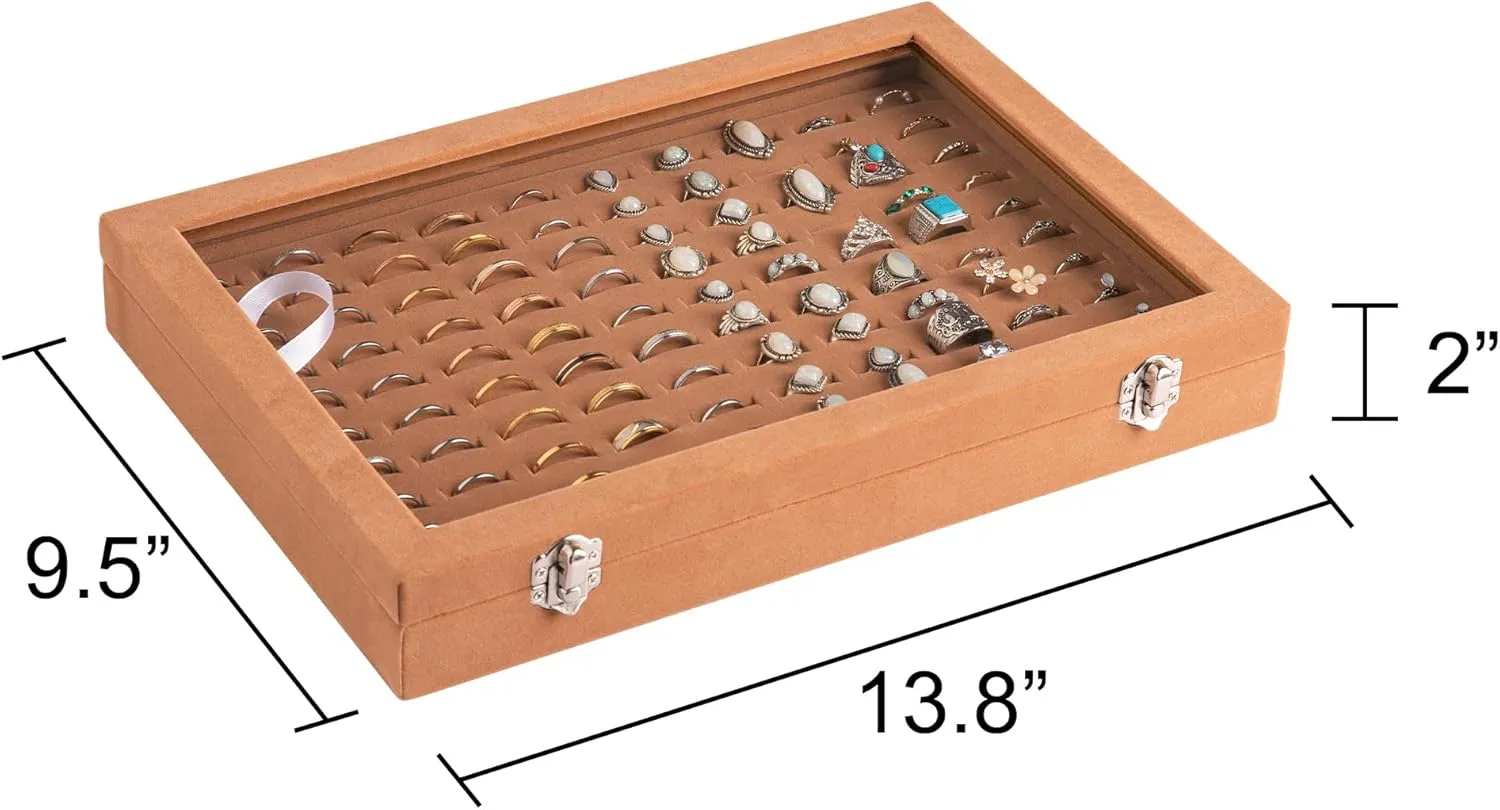 Frebeauty Ring Organizer Tray 100 Slots Ring Holder with Clear Lid Velvet Ring Storage Box Ring Tray for Jewelry Store Ring Display Case for Jewelry Show Ring Box for Women(Camel)
