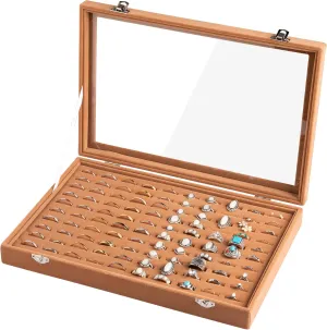 Frebeauty Ring Organizer Tray 100 Slots Ring Holder with Clear Lid Velvet Ring Storage Box Ring Tray for Jewelry Store Ring Display Case for Jewelry Show Ring Box for Women(Camel)