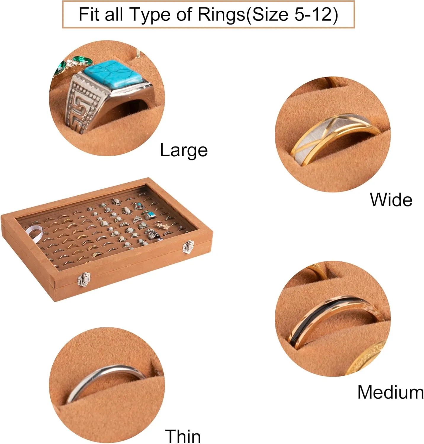Frebeauty Ring Organizer Tray 100 Slots Ring Holder with Clear Lid Velvet Ring Storage Box Ring Tray for Jewelry Store Ring Display Case for Jewelry Show Ring Box for Women(Camel)