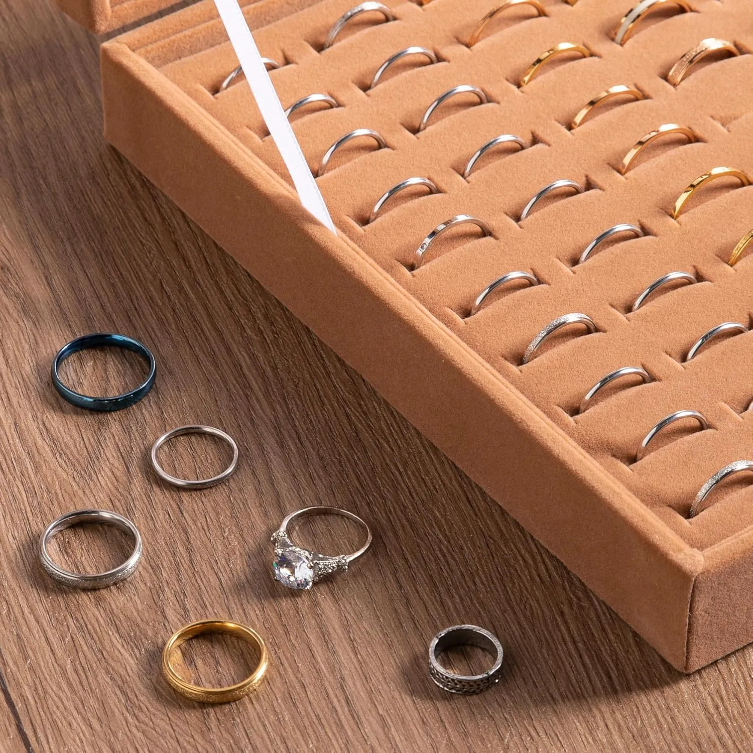 Frebeauty Ring Organizer Tray 100 Slots Ring Holder with Clear Lid Velvet Ring Storage Box Ring Tray for Jewelry Store Ring Display Case for Jewelry Show Ring Box for Women(Camel)