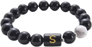 Friendship Bracelets for Women, Bracelets for Men 8.5 Inches Beads Agate Crystal Black Alphabet S Adjustable 21.5cmx10mm Nature Stones for Wedding