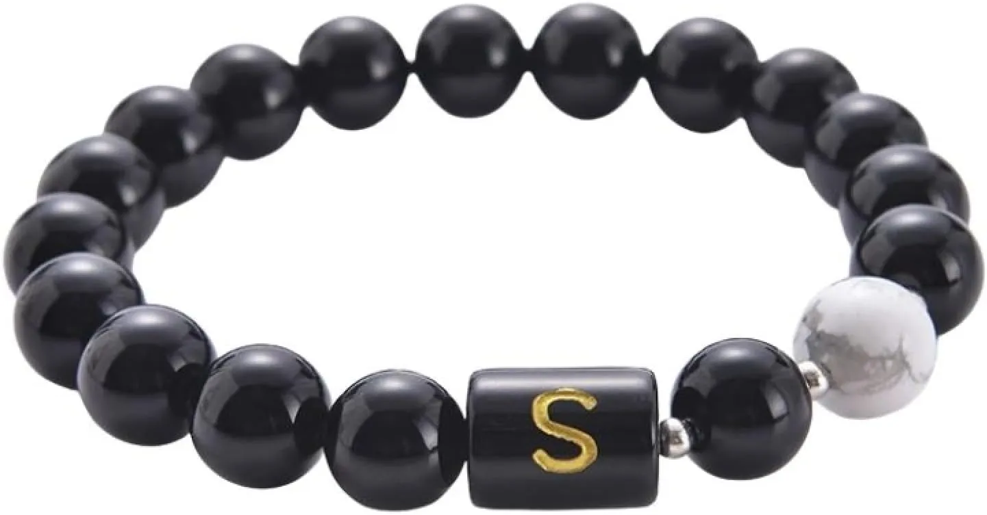 Friendship Bracelets for Women, Bracelets for Men 8.5 Inches Beads Agate Crystal Black Alphabet S Adjustable 21.5cmx10mm Nature Stones for Wedding