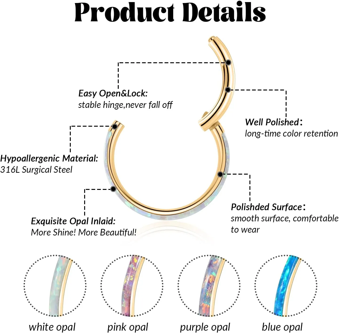 FUNLMO 316L Surgical Steel Nose Ring Hoop Opal Cartilage Earring Conch Daith Rook Orbital Helix Daith Tragus Piercing Jewelry Cartilage Septum Jewelry Cartilage Conch Hoop Earring