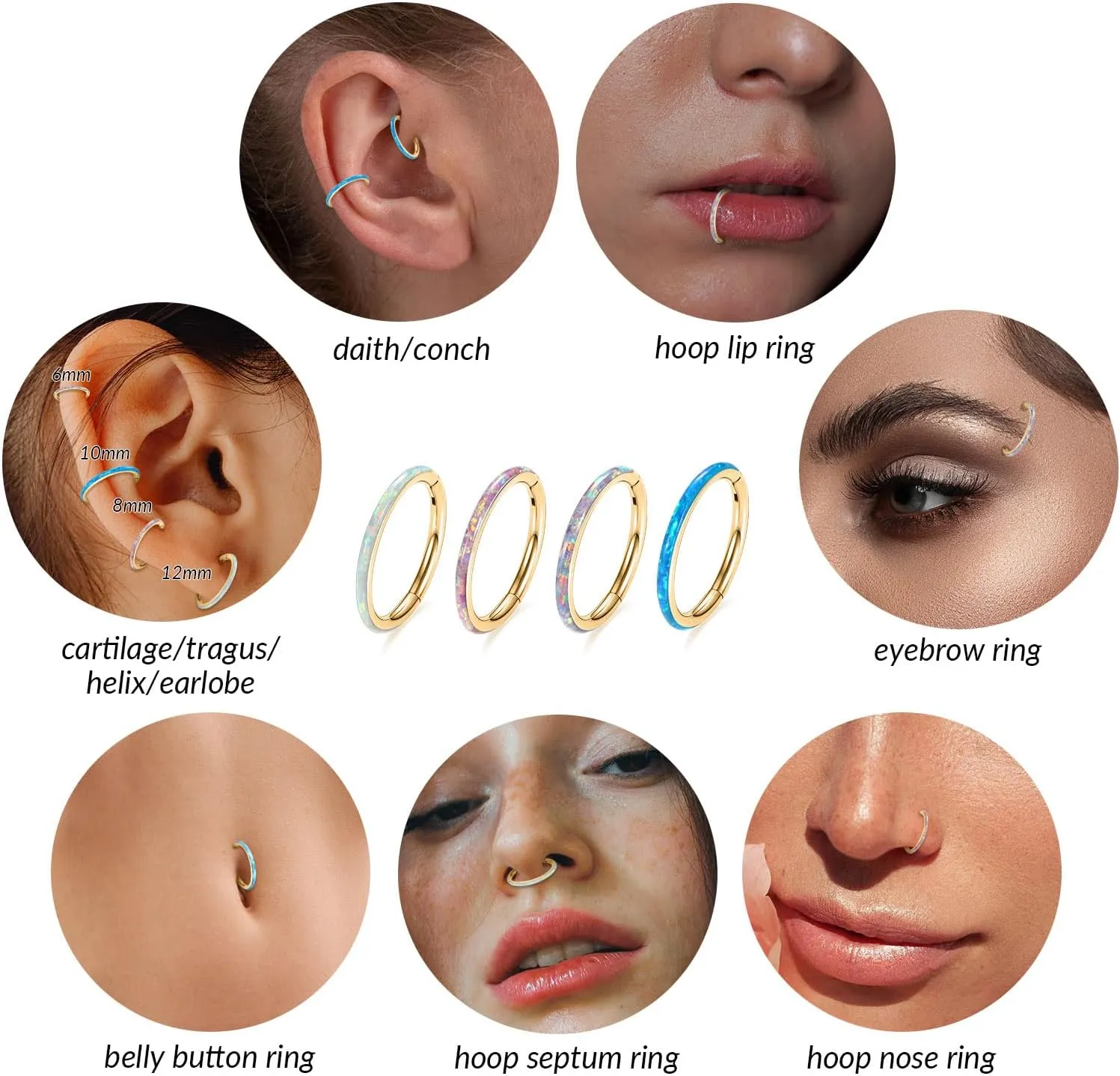 FUNLMO 316L Surgical Steel Nose Ring Hoop Opal Cartilage Earring Conch Daith Rook Orbital Helix Daith Tragus Piercing Jewelry Cartilage Septum Jewelry Cartilage Conch Hoop Earring