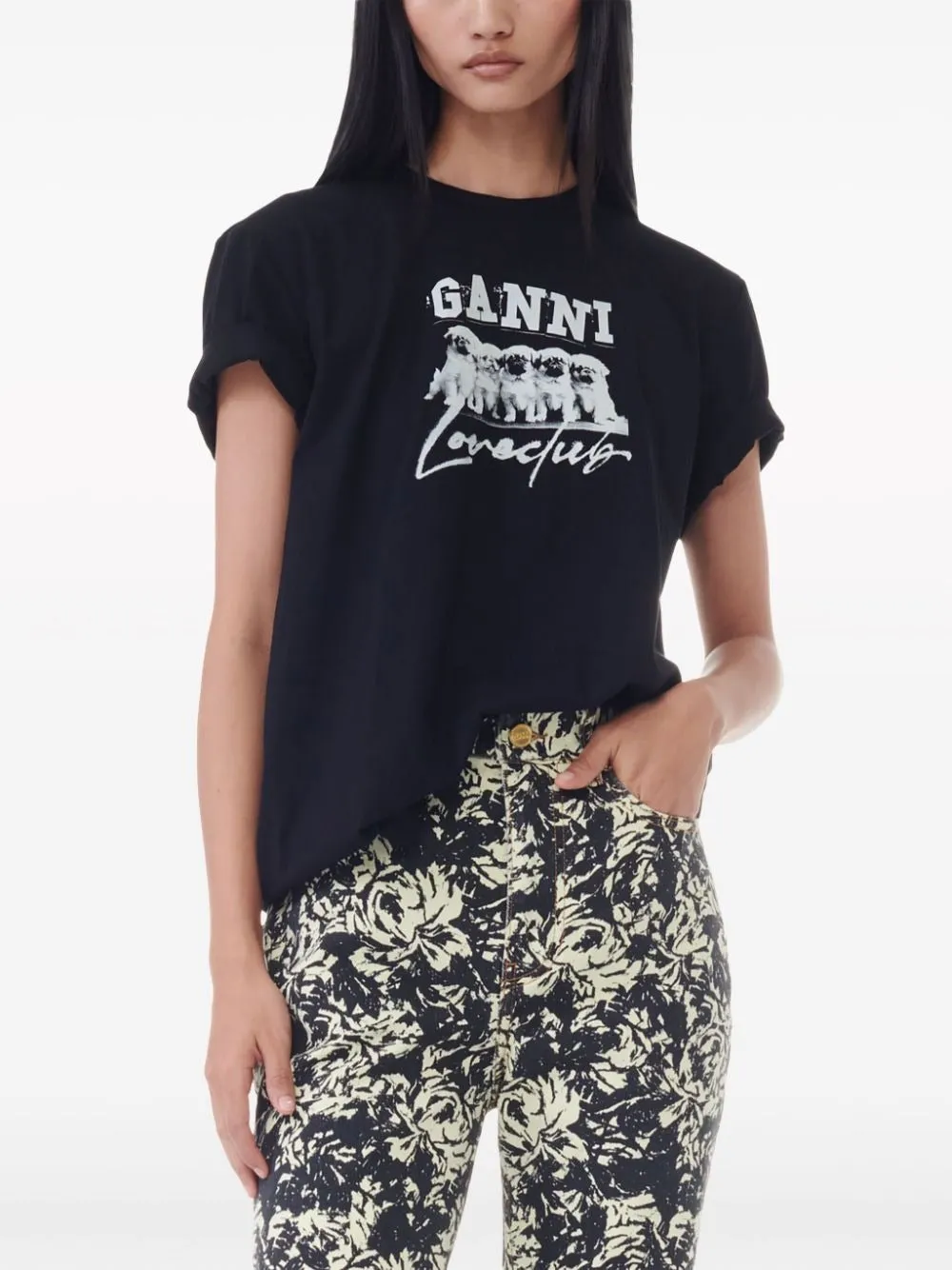 Ganni Thin Jersey Puppy Love Relaxed T-Shirt in Black