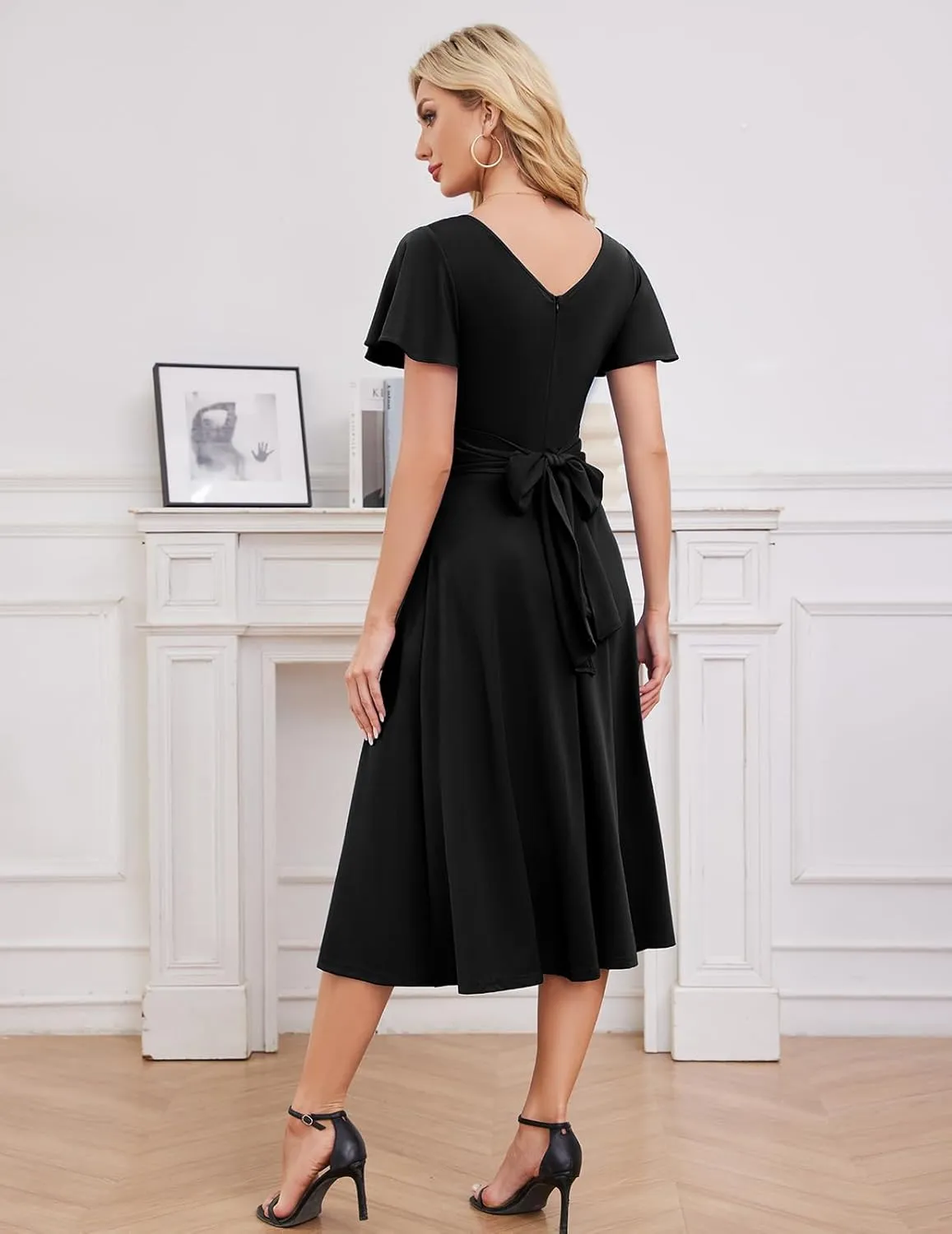 Gardenwed Womens Cocktail Dress Wedding Guest Semi Formal Wrap V Neck Short Sleeve Ruched A Line Midi Dresses with Belt