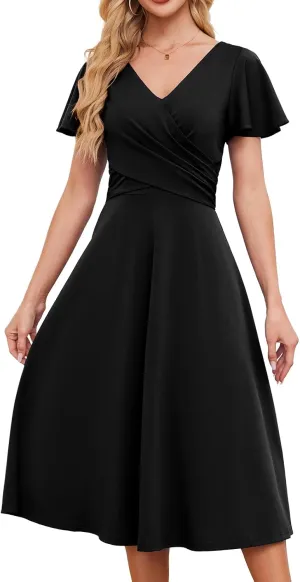 Gardenwed Womens Cocktail Dress Wedding Guest Semi Formal Wrap V Neck Short Sleeve Ruched A Line Midi Dresses with Belt