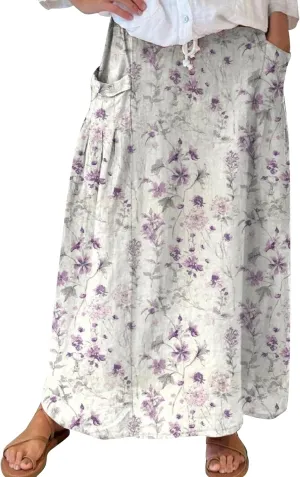 Generic Cotton/Linen Maxi A Line Skirt for Women 2024 - Boho Floral Elastic High Waist Long Skirts Summer Pleated Skirts