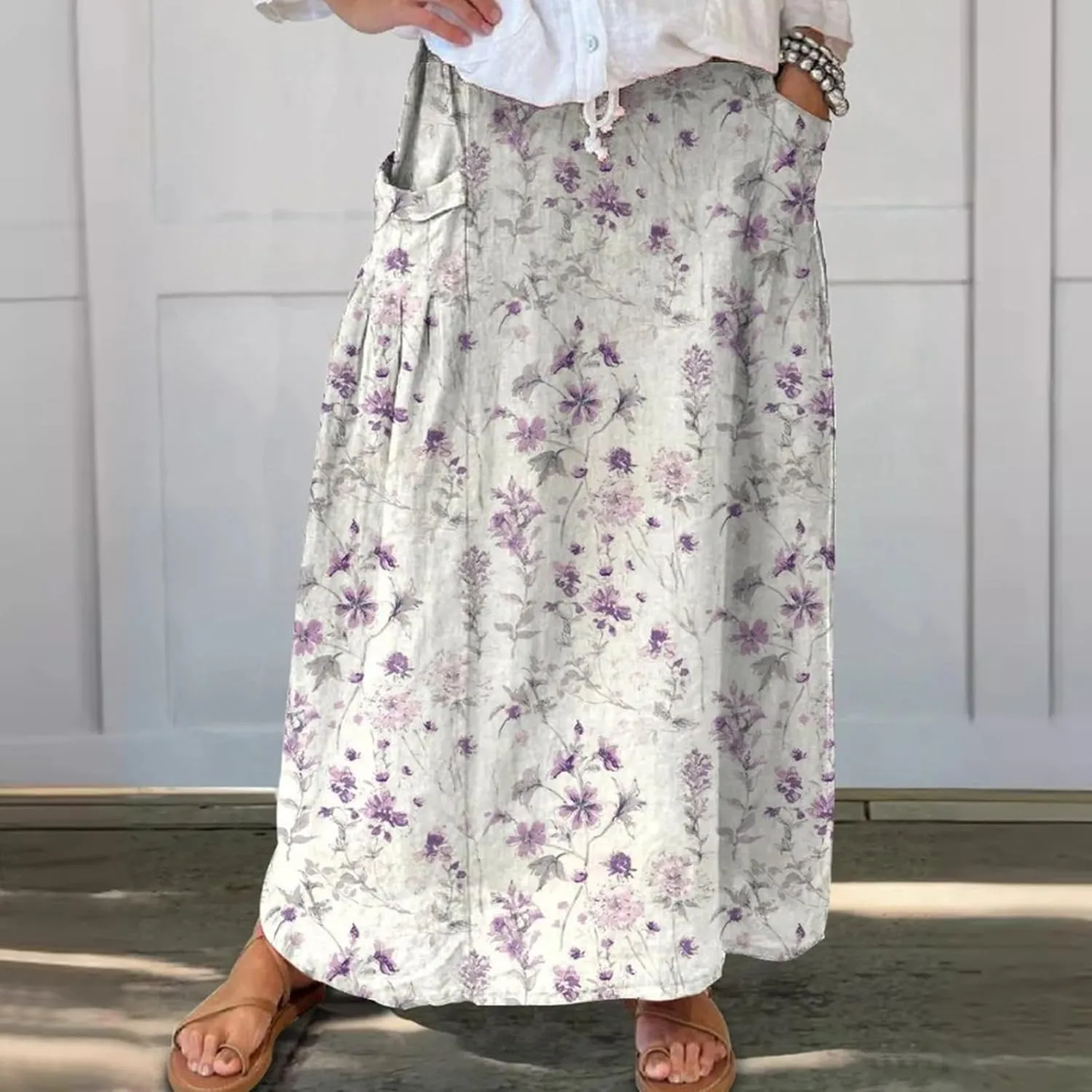 Generic Cotton/Linen Maxi A Line Skirt for Women 2024 - Boho Floral Elastic High Waist Long Skirts Summer Pleated Skirts