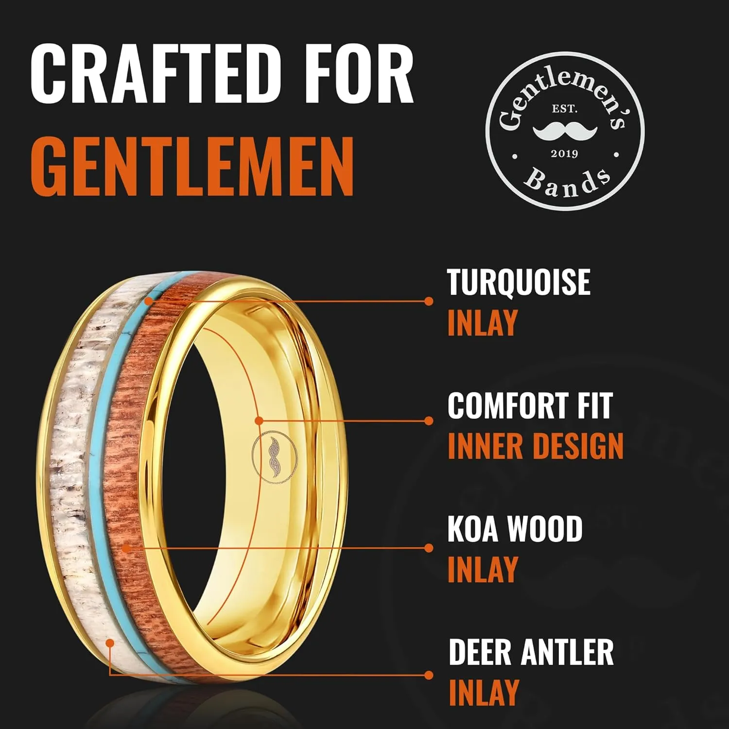 Gentlemen's Bands Men's Gold Wedding Band | Tungsten rings for men with Turquoise, Deer Antler & Koa Wood Inlay | Wedding Ring for Men, 8mm | Includes Silicone Band, Leather Pouch & Luxury Walnut Box