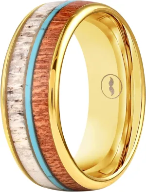Gentlemen's Bands Men's Gold Wedding Band | Tungsten rings for men with Turquoise, Deer Antler & Koa Wood Inlay | Wedding Ring for Men, 8mm | Includes Silicone Band, Leather Pouch & Luxury Walnut Box