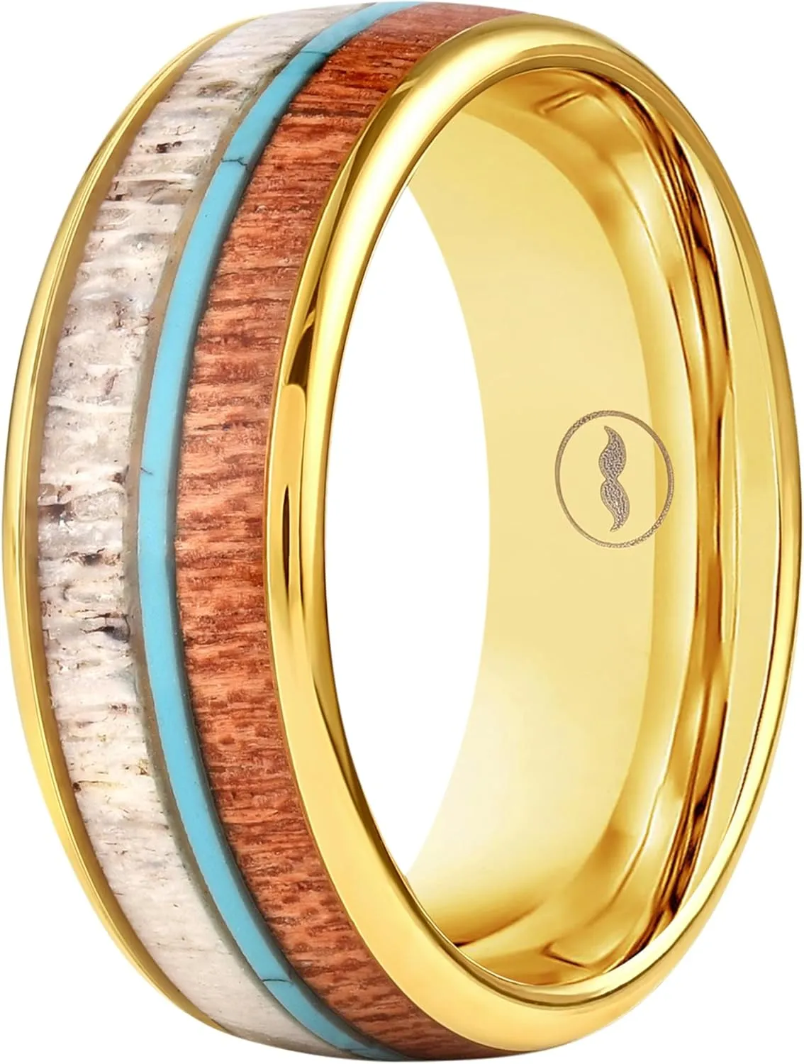Gentlemen's Bands Men's Gold Wedding Band | Tungsten rings for men with Turquoise, Deer Antler & Koa Wood Inlay | Wedding Ring for Men, 8mm | Includes Silicone Band, Leather Pouch & Luxury Walnut Box