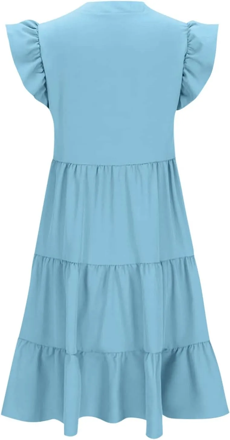 Girls Dresses Summer Flutter Sleeve Double Layer Sundresses V Neck Casual Flowy Beach Vacation Dress 4-14 Years