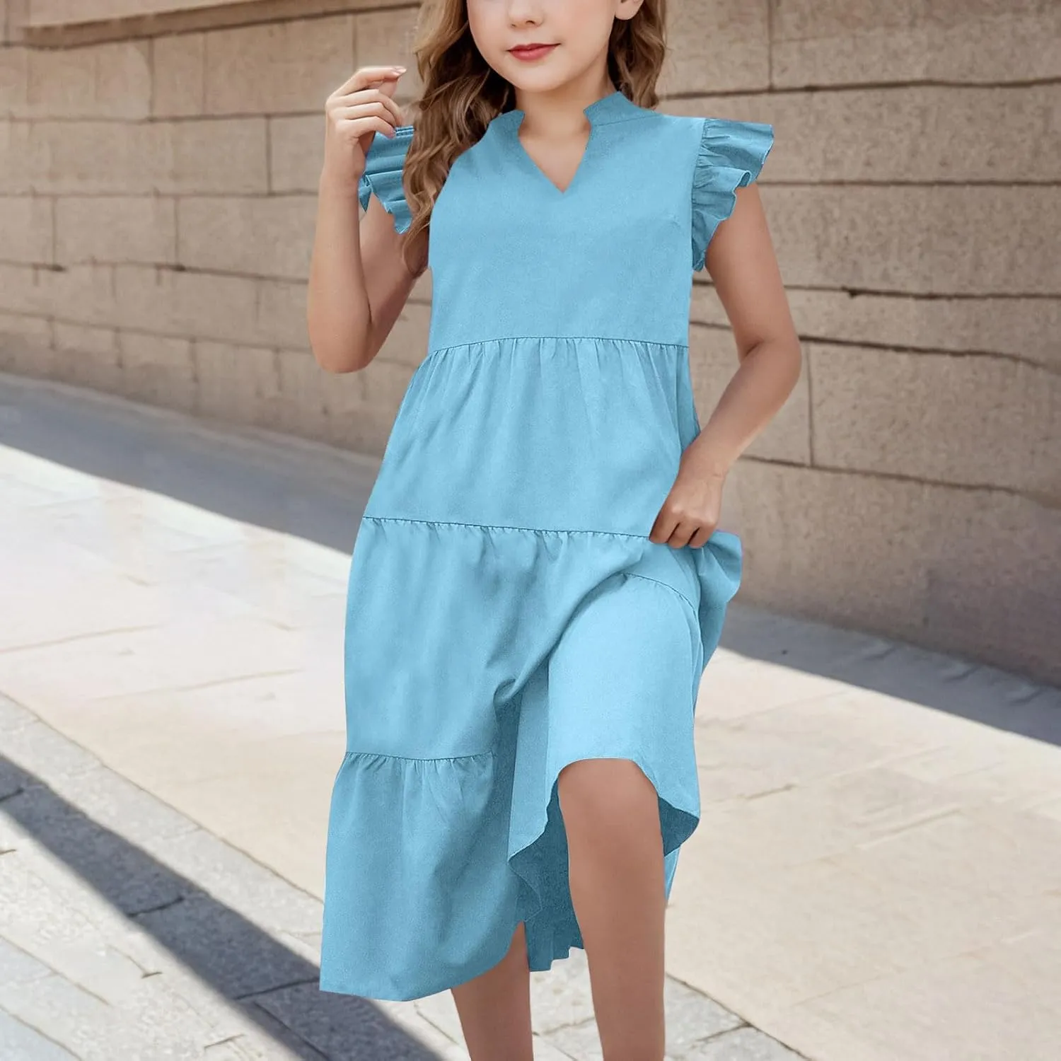 Girls Dresses Summer Flutter Sleeve Double Layer Sundresses V Neck Casual Flowy Beach Vacation Dress 4-14 Years
