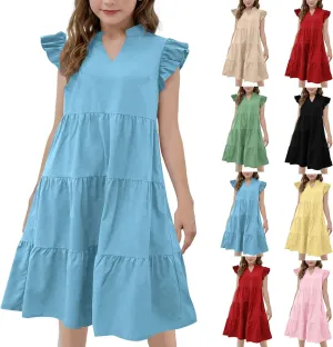 Girls Dresses Summer Flutter Sleeve Double Layer Sundresses V Neck Casual Flowy Beach Vacation Dress 4-14 Years