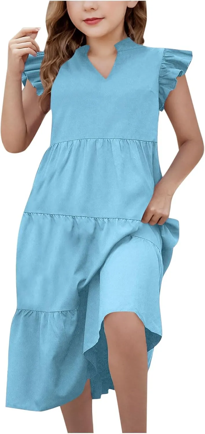 Girls Dresses Summer Flutter Sleeve Double Layer Sundresses V Neck Casual Flowy Beach Vacation Dress 4-14 Years