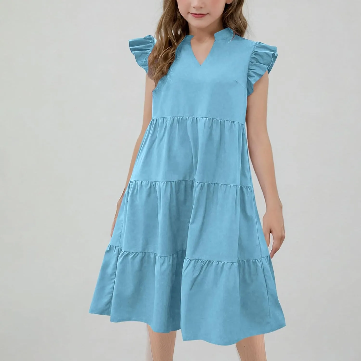 Girls Dresses Summer Flutter Sleeve Double Layer Sundresses V Neck Casual Flowy Beach Vacation Dress 4-14 Years