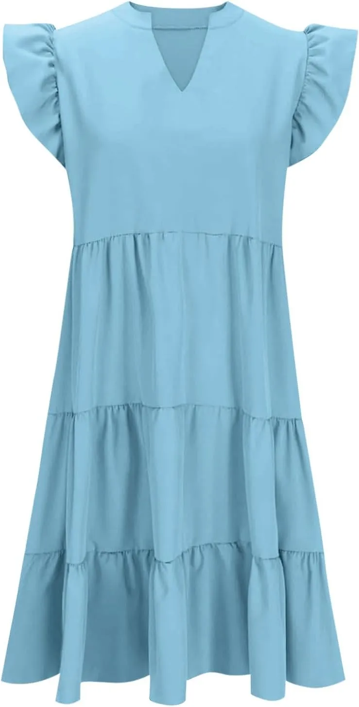 Girls Dresses Summer Flutter Sleeve Double Layer Sundresses V Neck Casual Flowy Beach Vacation Dress 4-14 Years
