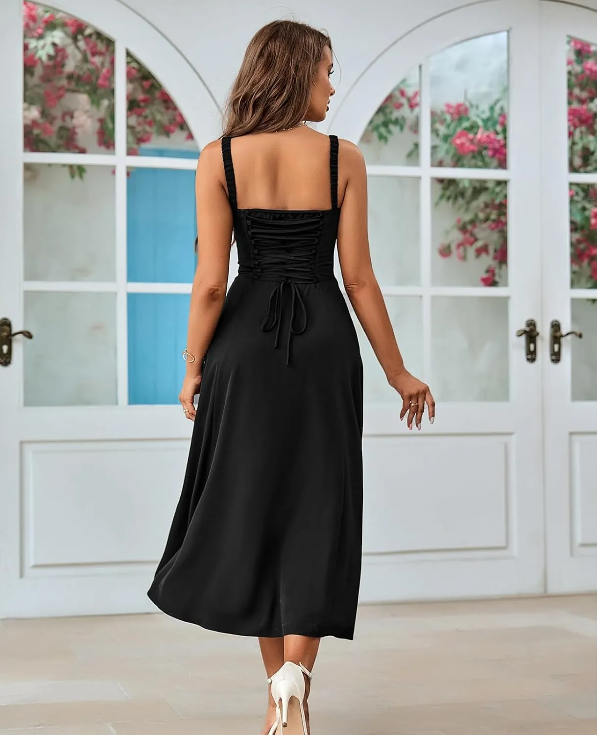GLNEGE Women's Summer Corset Midi Dress Casual Lace Up Flowy Milkmaid Dresses A-Line Boho Sundress