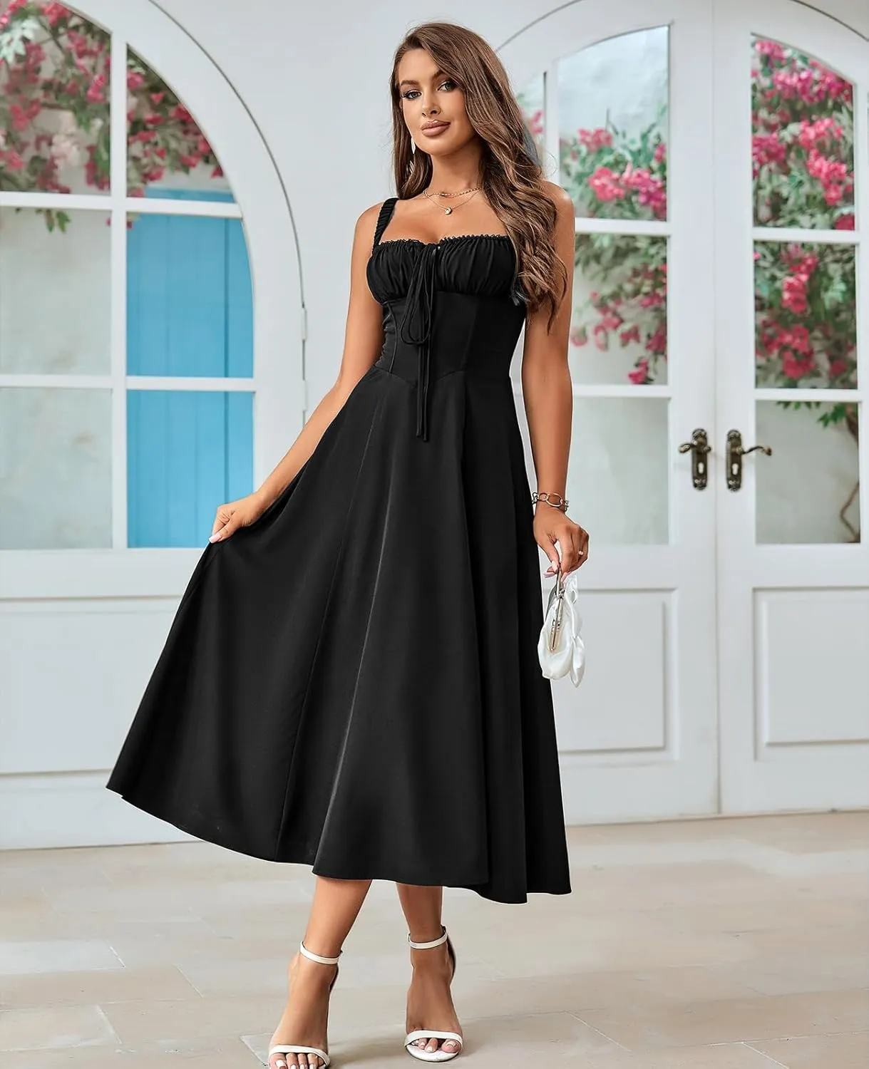 GLNEGE Women's Summer Corset Midi Dress Casual Lace Up Flowy Milkmaid Dresses A-Line Boho Sundress