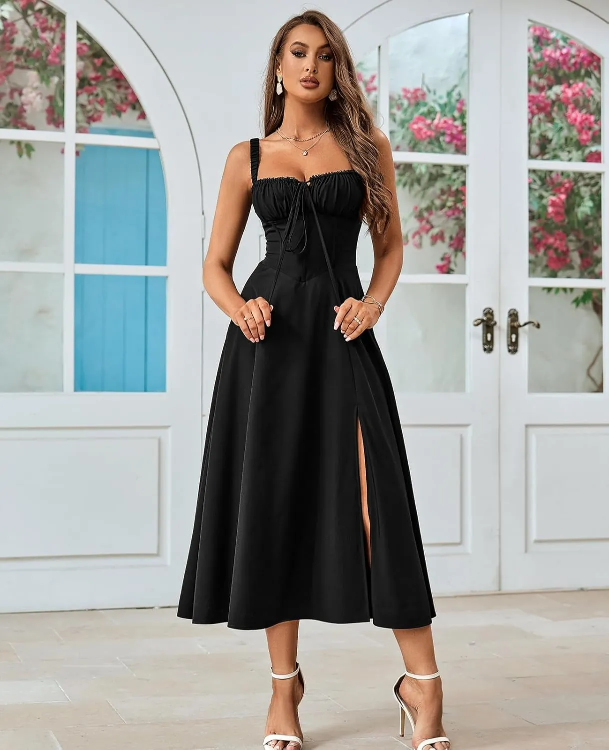 GLNEGE Women's Summer Corset Midi Dress Casual Lace Up Flowy Milkmaid Dresses A-Line Boho Sundress
