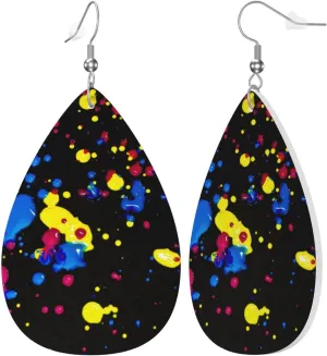Glow In Dark Splatter Neon Earrings Dangle Earrings Double-Sided Leather Drop Teardrop Earrings Holiday Party Jewelry Gifts For Women