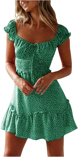 GOKKILRW Womens 2024 Summer Dress Scoop Neck Boho Floral Print Ruffle Hem Bodycon A Line Beach Vacation Casual Mini Dress
