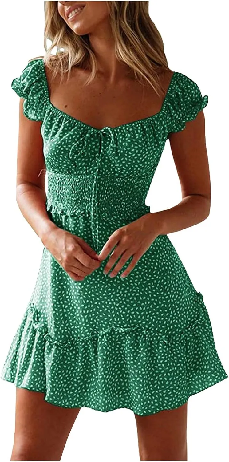 GOKKILRW Womens 2024 Summer Dress Scoop Neck Boho Floral Print Ruffle Hem Bodycon A Line Beach Vacation Casual Mini Dress