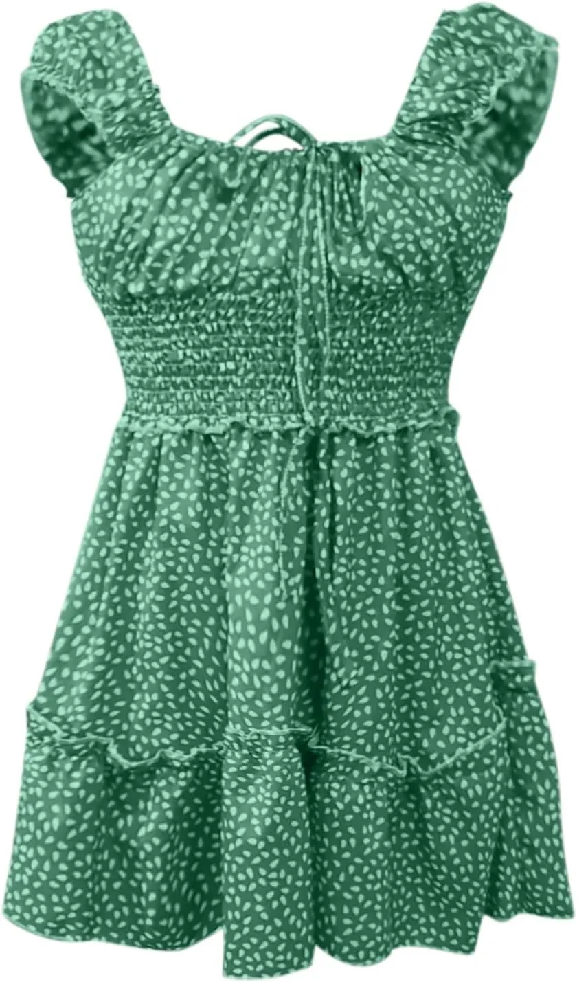 GOKKILRW Womens 2024 Summer Dress Scoop Neck Boho Floral Print Ruffle Hem Bodycon A Line Beach Vacation Casual Mini Dress