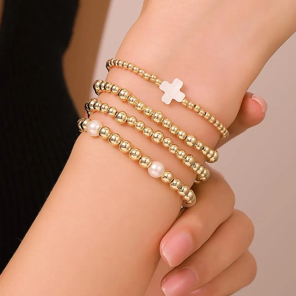 Gold Beaded Bracelets for Women - 14K Gold Plated Bracelets Gold Stretch Bead Ball Bracelet stack Set Adjustable Bracelet Set Jewelry for Gifts