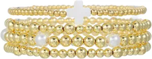 Gold Beaded Bracelets for Women - 14K Gold Plated Bracelets Gold Stretch Bead Ball Bracelet stack Set Adjustable Bracelet Set Jewelry for Gifts