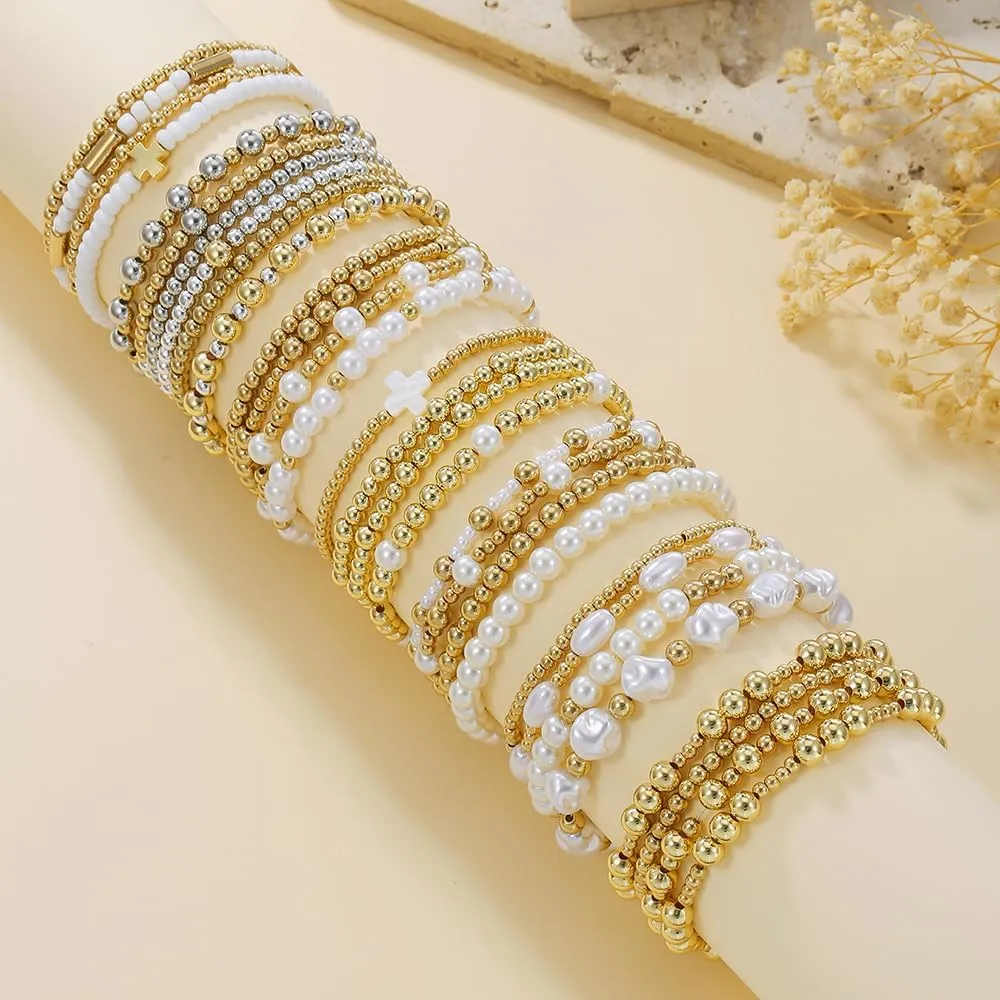 Gold Beaded Bracelets for Women - 14K Gold Plated Bracelets Gold Stretch Bead Ball Bracelet stack Set Adjustable Bracelet Set Jewelry for Gifts