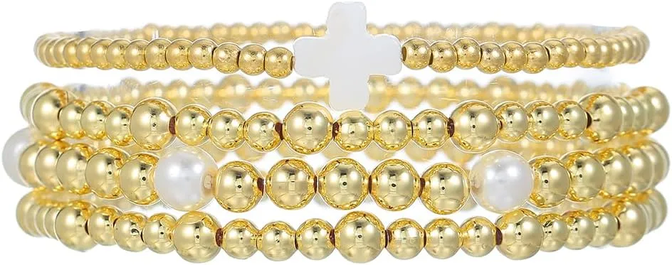 Gold Beaded Bracelets for Women - 14K Gold Plated Bracelets Gold Stretch Bead Ball Bracelet stack Set Adjustable Bracelet Set Jewelry for Gifts