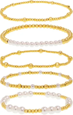 Gold Beaded Stack Friendship Bracelets Set for Women, Boho Handmade Pearl Stretch Bracelets Festive Holiday Accessories Jewelry Gift.