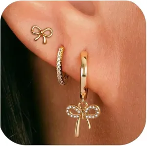 Gold Bow Earrings for Women - Huggie Hoop, Dangle Stud, and Dainty Stacks for Multiple Piercing - Jewelry Gifts